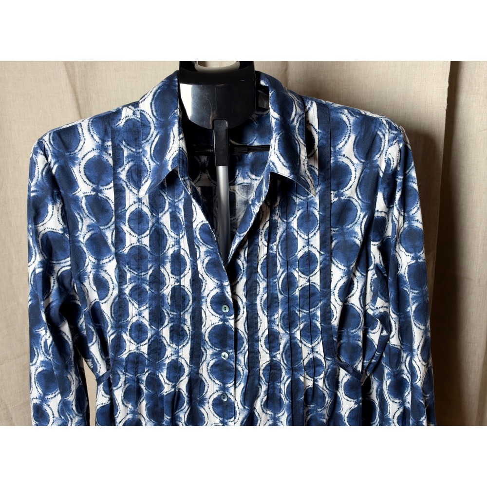 Lafayette 148 New York Belted Tunic Blouse Women's 16 Blue White Shibori Print - Picture 3 of 7